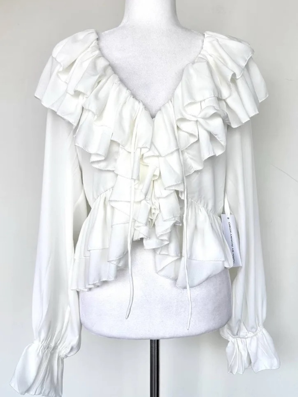 Torn by Ronny Kobo White Ruffled V-Neck Blouse Rhea top